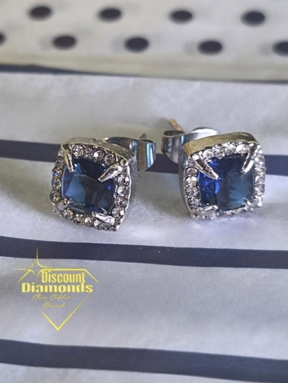 Blue Sapphire & Clear White Baguette Diamond Stud Earrings on 925 Silver